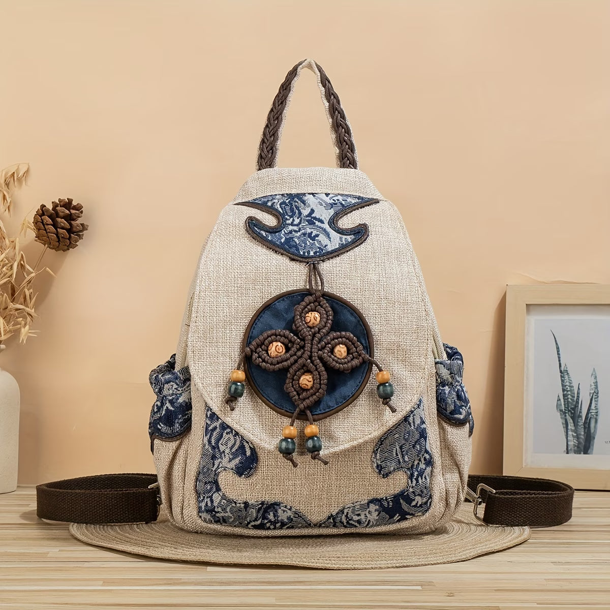 Handwoven Straw Backpack with Floral Embroidery Cute House Design Beach Style Beach Straw Bag - Embroidered Sunflower Tote | Marrakeche main image 4