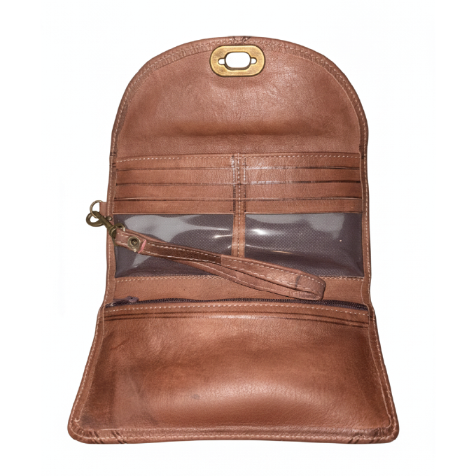 Hand-Tooled Goat Leather Clutch Wallet with Wrist Strap