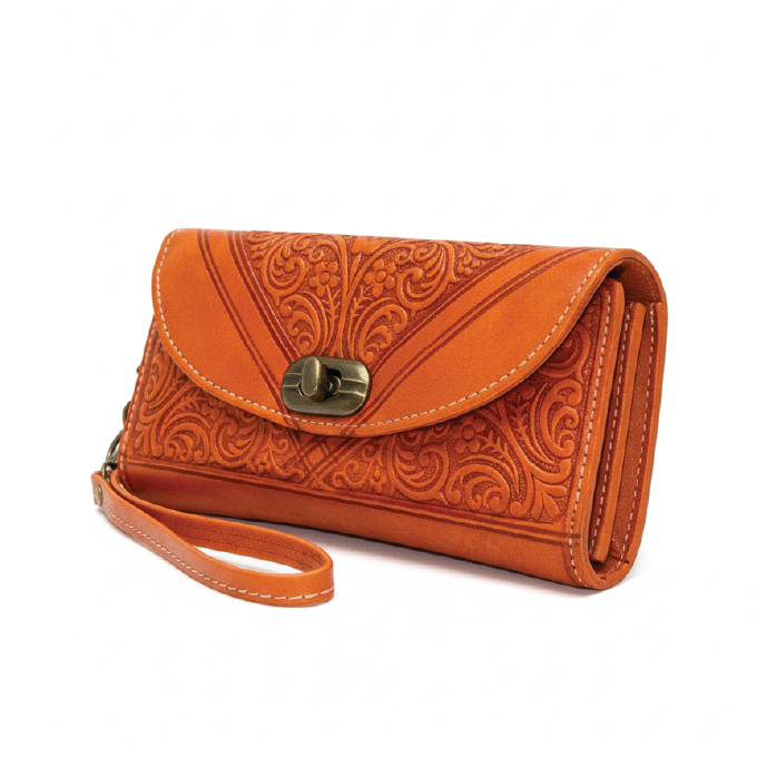 Hand-Tooled Goat Leather Wallet with Wrist Strap