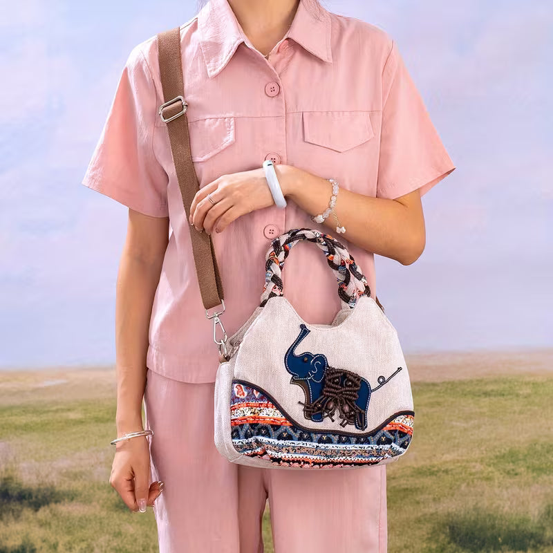 Medium Handmade Woven Elephant Fabric Handbag – Single Shoulder & Crossbody Bag with Multiple Pockets MH005