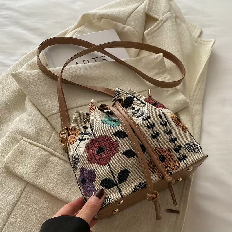 of Elegant Floral Design Fabric Material Mini Drawstring Crossbody Bag for Women Hiking Gear MH010