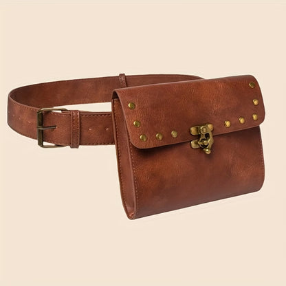 Vintage Genuine Leather Waist Bag – Handmade Brown Leather Belt Bag with Rivets, Retro Fanny Pack for Men & Women MH011