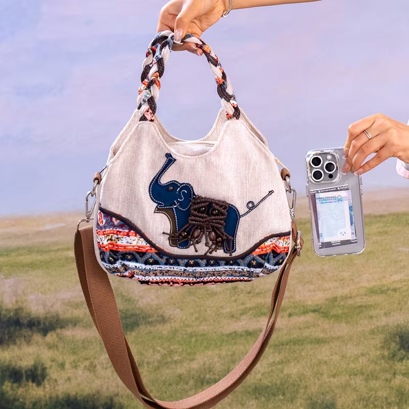 Medium Handmade Woven Elephant Fabric Handbag – Single Shoulder & Crossbody Bag with Multiple Pockets MH005