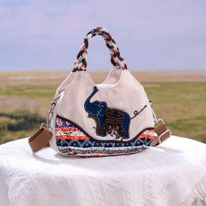 Medium Handmade Woven Elephant Fabric Handbag – Single Shoulder & Crossbody Bag with Multiple Pockets MH005
