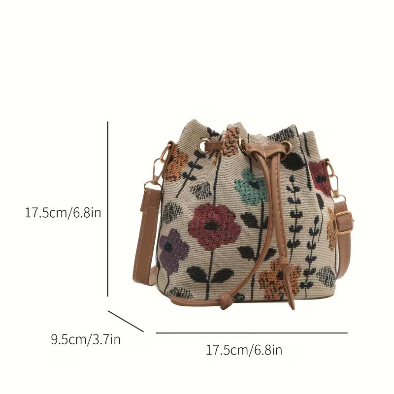 of Elegant Floral Design Fabric Material Mini Drawstring Crossbody Bag for Women Hiking Gear MH010