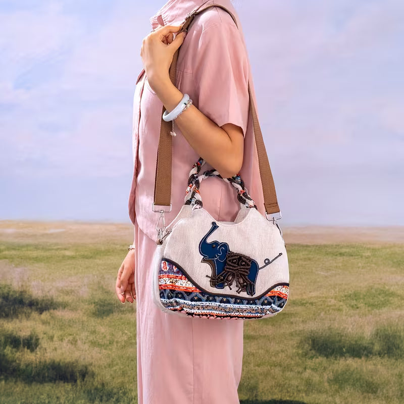 Medium Handmade Woven Elephant Fabric Handbag – Single Shoulder & Crossbody Bag with Multiple Pockets MH005