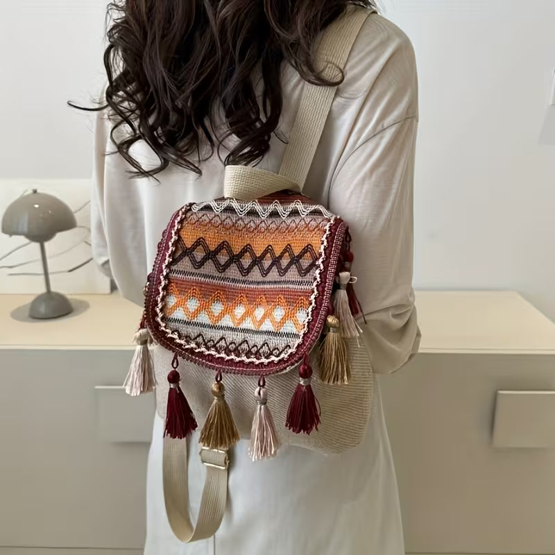 Women’s Casual Ethnic Style Backpack – Fringe Design, Large Capacity, Versatile Shoulder Bag MH009