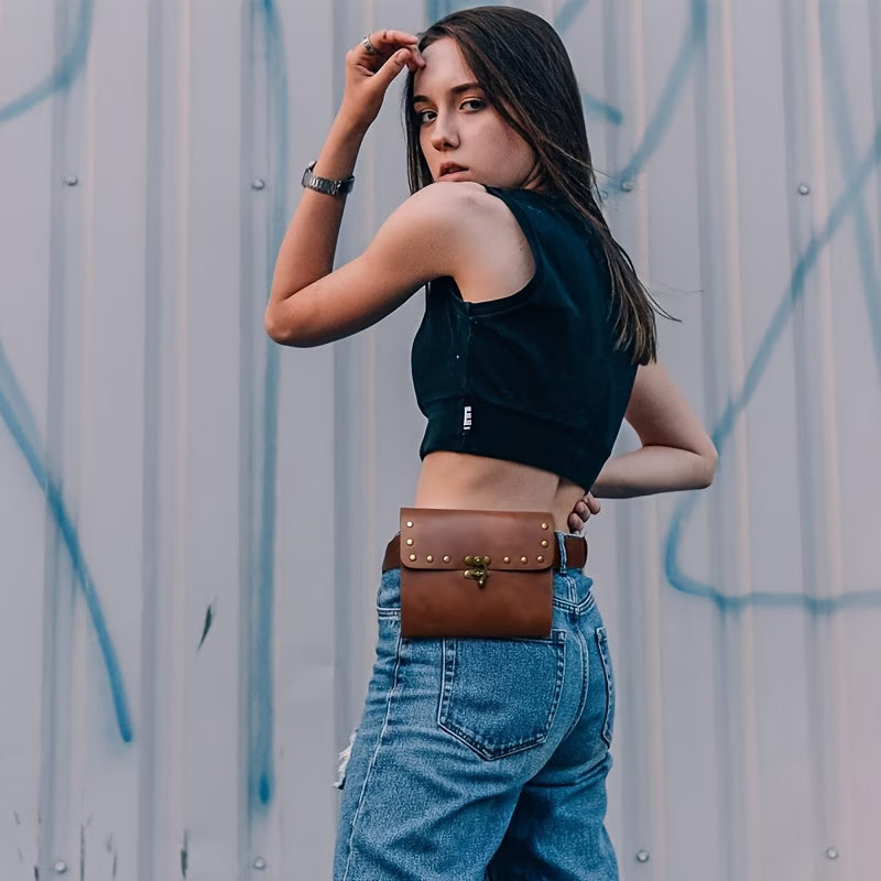 Vintage Genuine Leather Waist Bag – Handmade Brown Leather Belt Bag with Rivets, Retro Fanny Pack for Men & Women MH011