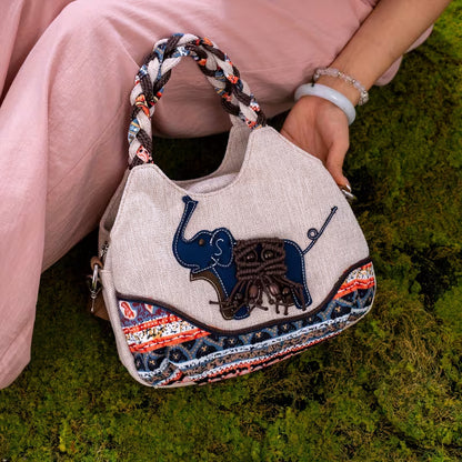 Medium Handmade Woven Elephant Fabric Handbag – Single Shoulder & Crossbody Bag with Multiple Pockets MH005
