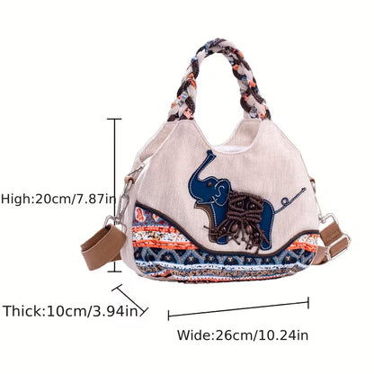 Medium Handmade Woven Elephant Fabric Handbag – Single Shoulder & Crossbody Bag with Multiple Pockets MH005