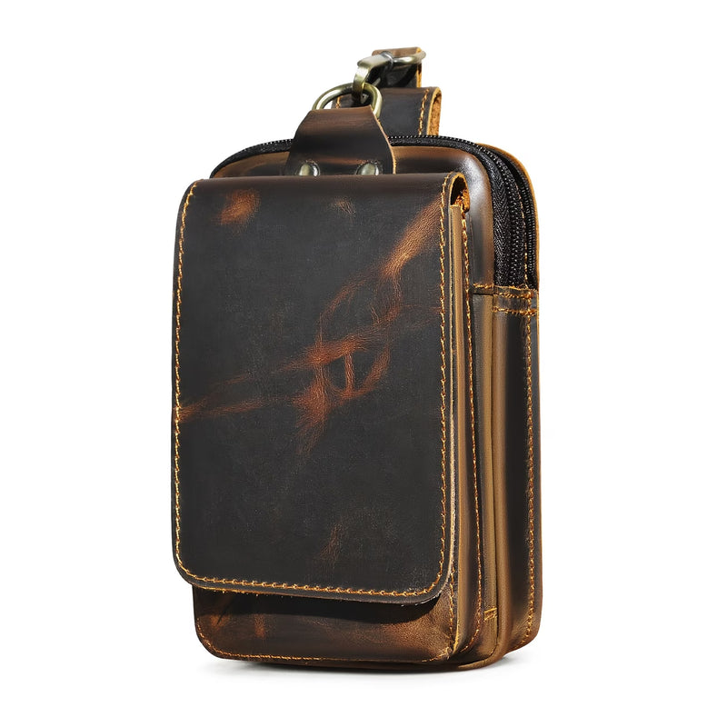 Men’s Genuine Leather Phone Waist Pouch – Hands-Free Belt-Worn Phone Holder, Casual Outdoor Leather Pouch, Compatible with Most Smartphones, Discreet Design MH014