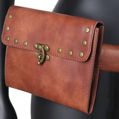 Vintage Genuine Leather Waist Bag – Handmade Brown Leather Belt Bag with Rivets, Retro Fanny Pack for Men & Women MH011
