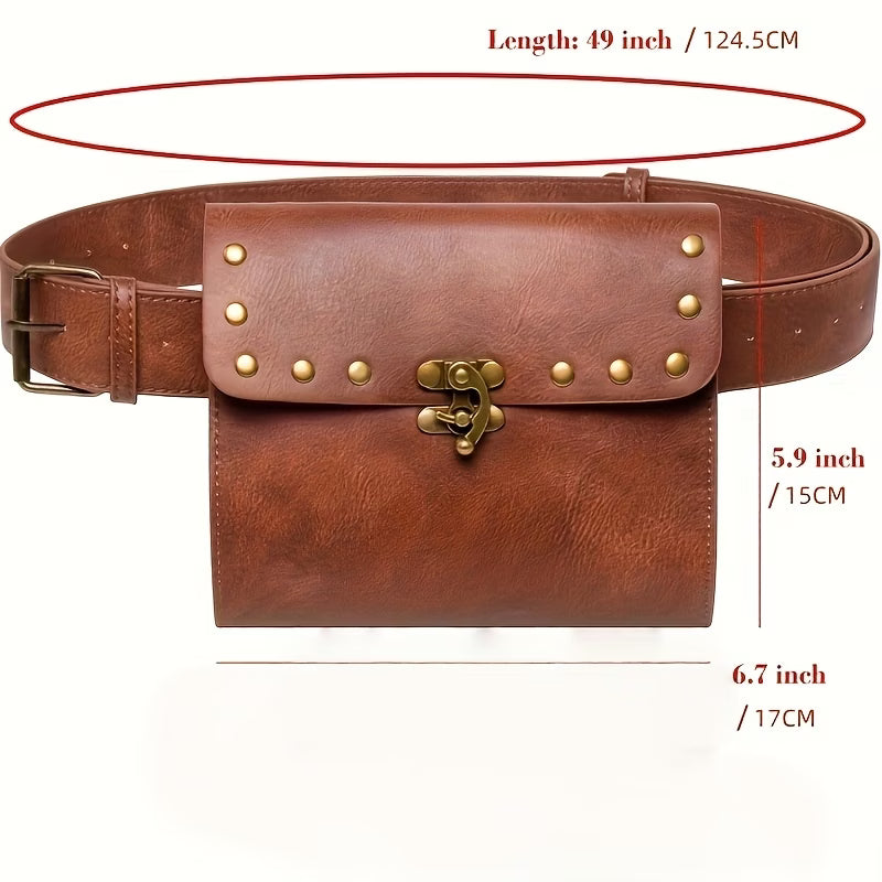 Vintage Genuine Leather Waist Bag – Handmade Brown Leather Belt Bag with Rivets, Retro Fanny Pack for Men & Women MH011