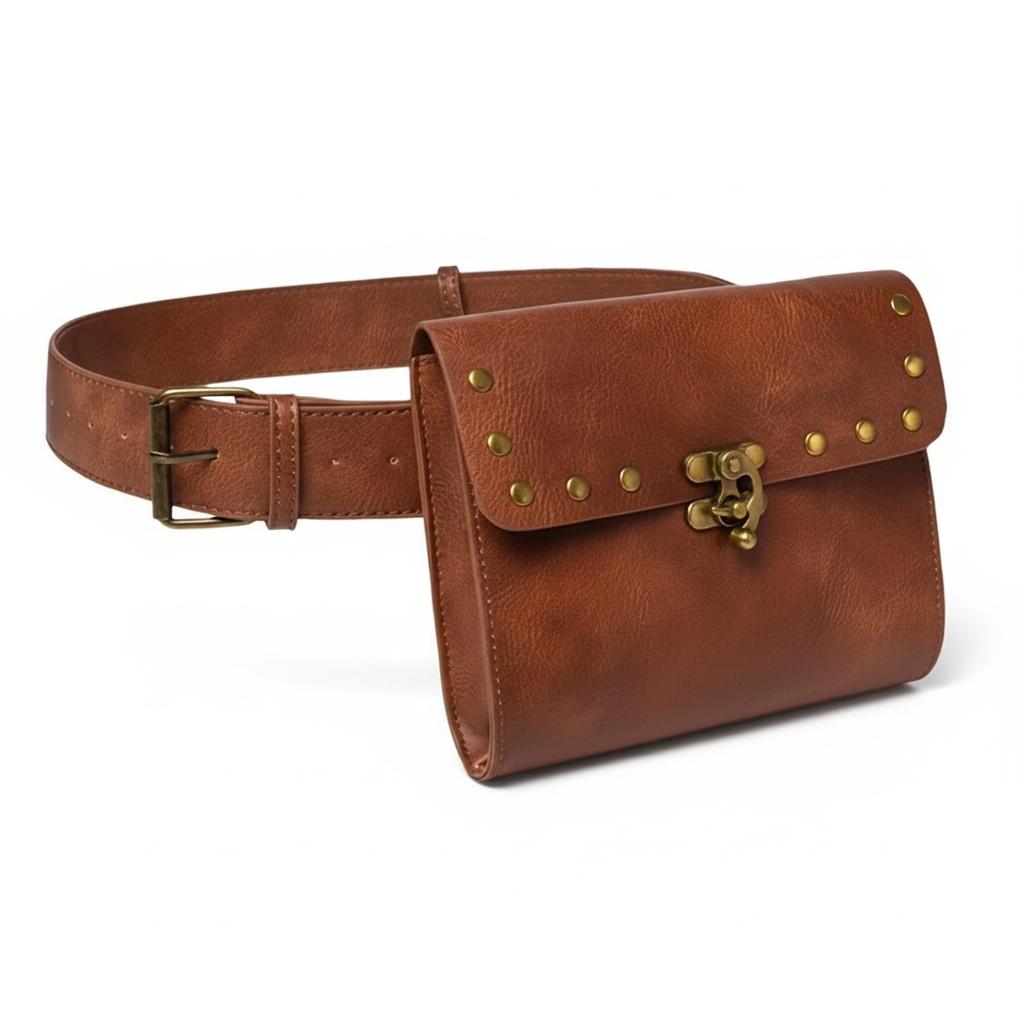 Vintage Genuine Leather Waist Bag – Handmade Brown Leather Belt Bag with Rivets, Retro Fanny Pack for Men & Women MH011