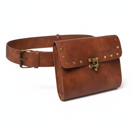 Vintage Genuine Leather Waist Bag – Handmade Brown Leather Belt Bag with Rivets, Retro Fanny Pack for Men & Women MH011