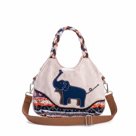 Medium Handmade Woven Elephant Fabric Handbag – Single Shoulder & Crossbody Bag with Multiple Pockets MH005