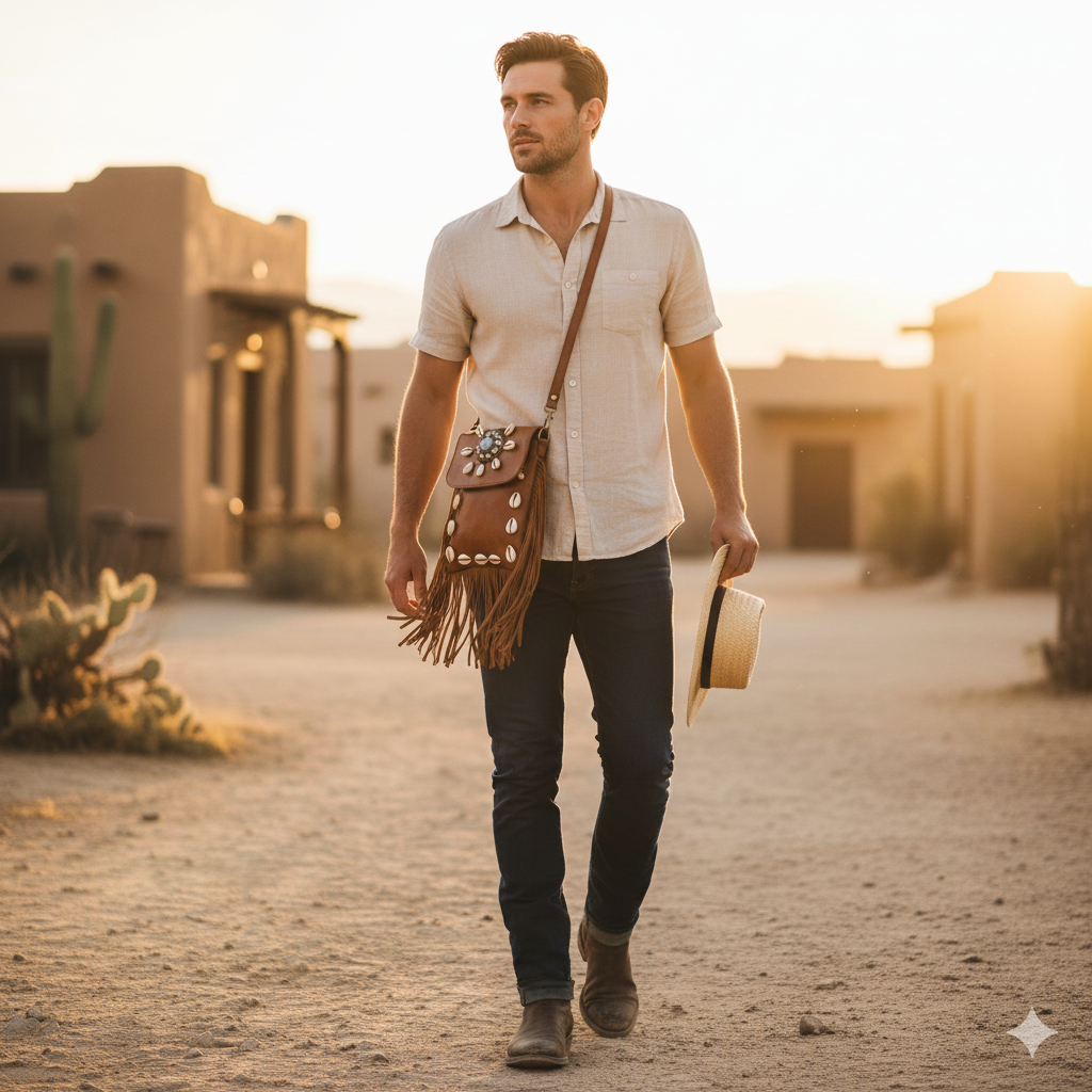 Boho Goat Leather Fringe Crossbody Bag with Shell Accents