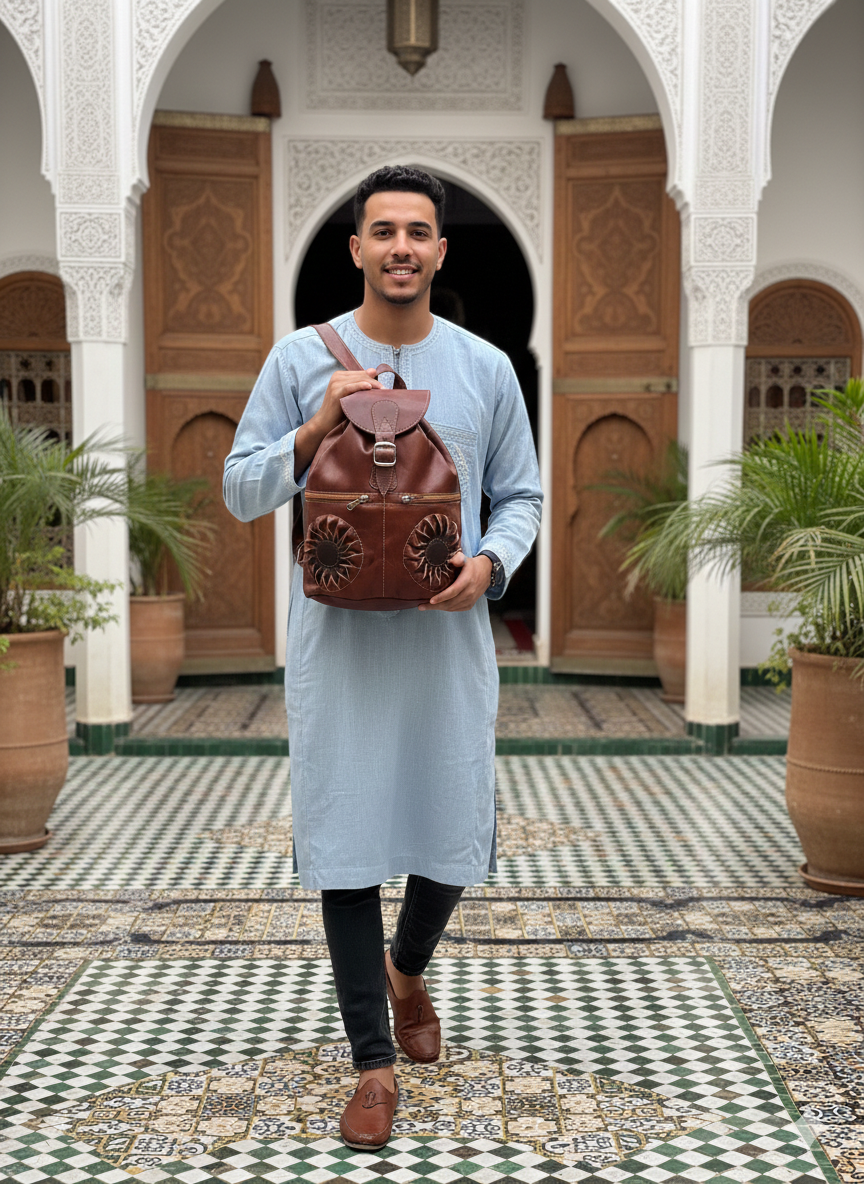 Cartera artesanal marroquí de cuero de cabra hecha a mano