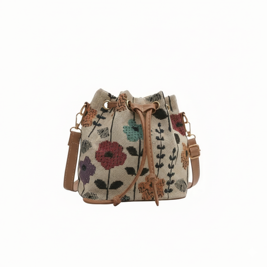 of Elegant Floral Design Fabric Material Mini Drawstring Crossbody Bag for Women Hiking Gear MH010