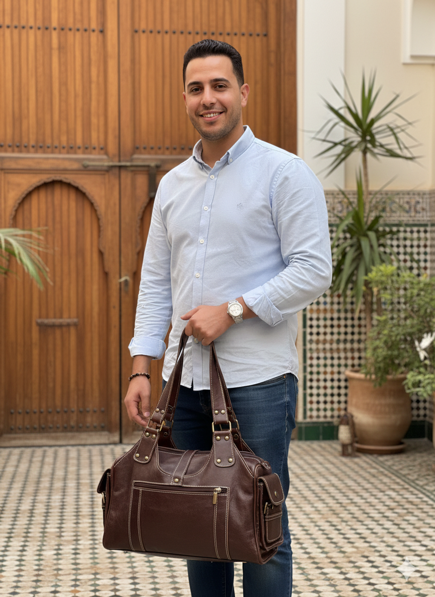 Cartera artesanal marroquí de cuero de cabra hecha a mano