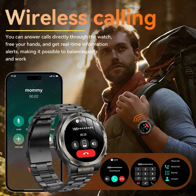 LIGE Military Smart Watch, 1000mAh Ultra-Long Battery, 1.43" AMOLED Display, 5ATM Waterproof, Bluetooth Calling, Sports Watch with Flashlight