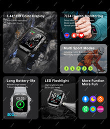 Rugged Smart Watch for Men, 2.01" HD Touchscreen with Bluetooth Calling, Voice Assistant & LED Flashlight