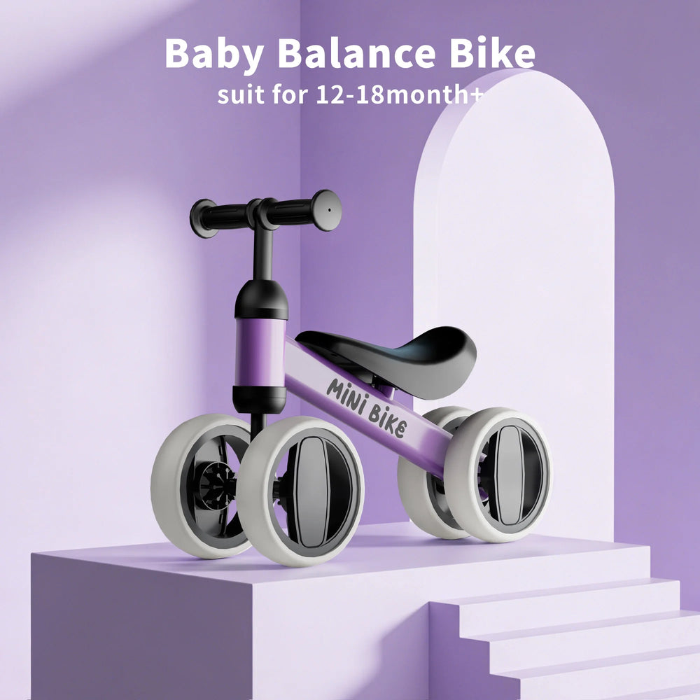 Baby Balance Bike for 12–18 Months, 4-Wheel No-Pedal Toddler Bike with Adjustable Seat, First Ride-On Toy
