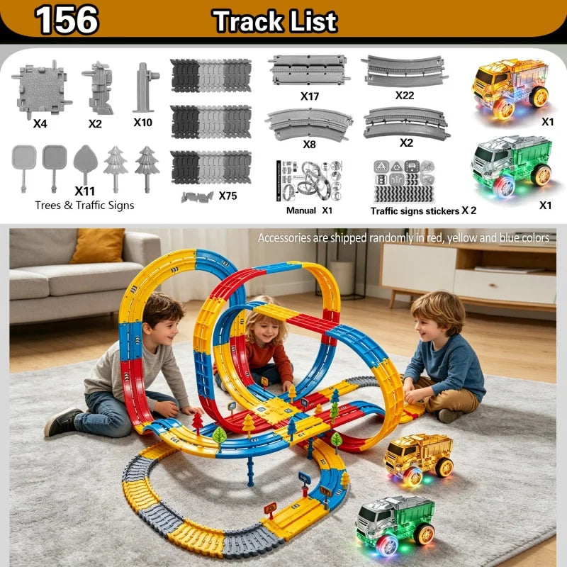 156PCS DIY Flexible Track Blocks Toy, Kids Building Track Set with Cars, Creative Construction & Educational Toy Gift