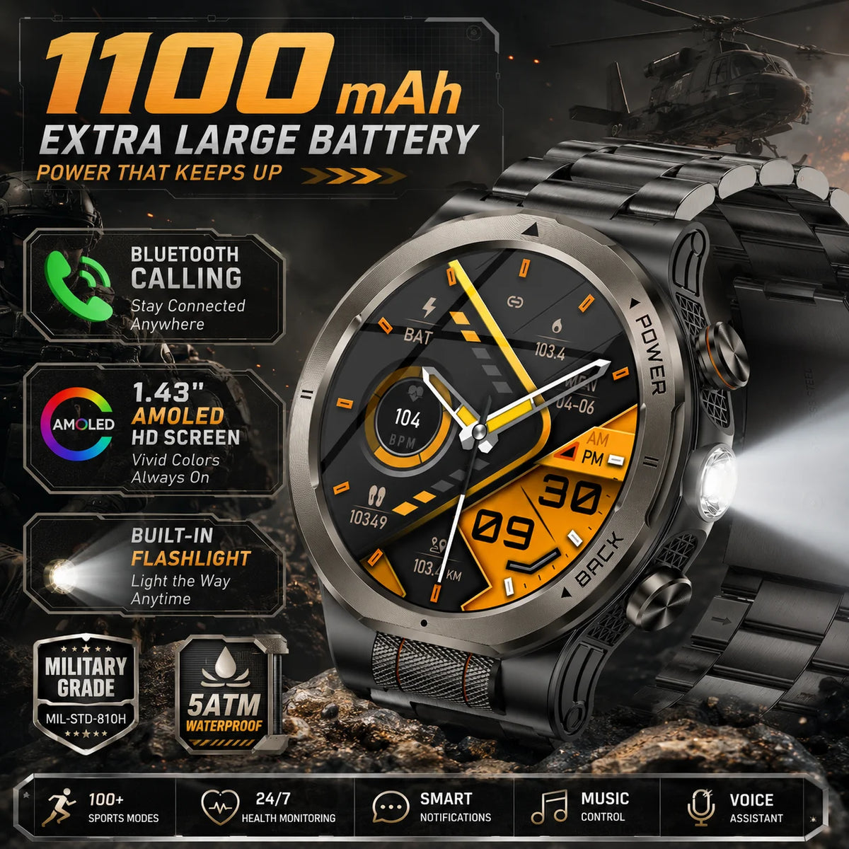 LIGE Military Smart Watch, 1000mAh Ultra-Long Battery, 1.43" AMOLED Display, 5ATM Waterproof, Bluetooth Calling, Sports Watch with Flashlight