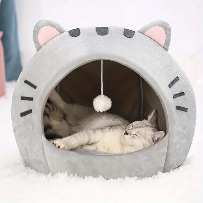Cozy Cat Cave Bed, Cute Cartoon Pet Bed for Cats & Small Dogs, Soft Covered Sleeping House with Cushion