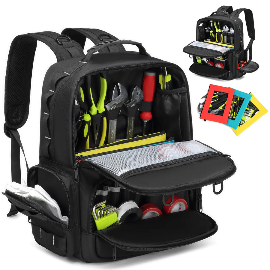 Heavy-Duty Tool Backpack, Large Tool Storage Bag with 3 Organizer Pouches, Multi-Pocket Work Backpack for Electricians & Plumbers