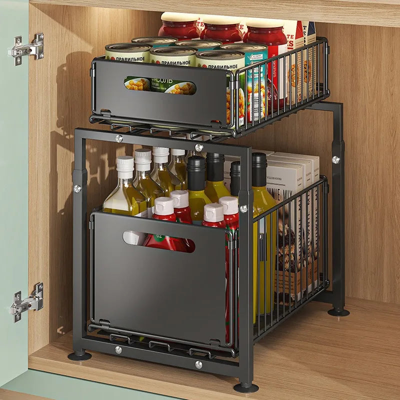 2-Tier Under Sink Organizer, Pull-Out Storage Basket for Kitchen & Bathroom Cabinets