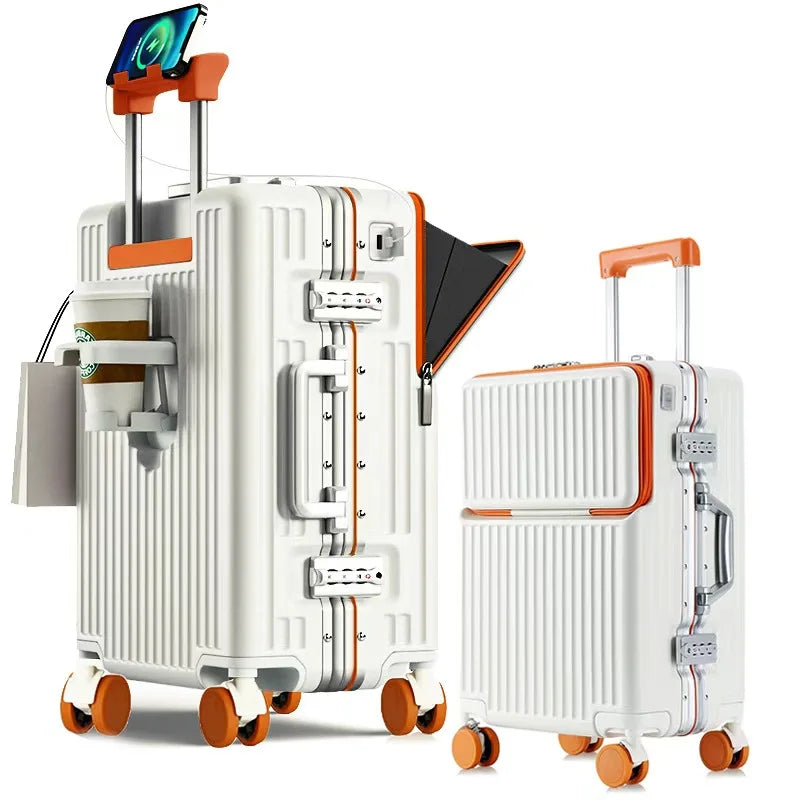 Aluminium Frame Suitcase Front Opening Cabin Luggage with USB Cup Holder Female Trolley Case Male Brake Wheel Travel Suitcase