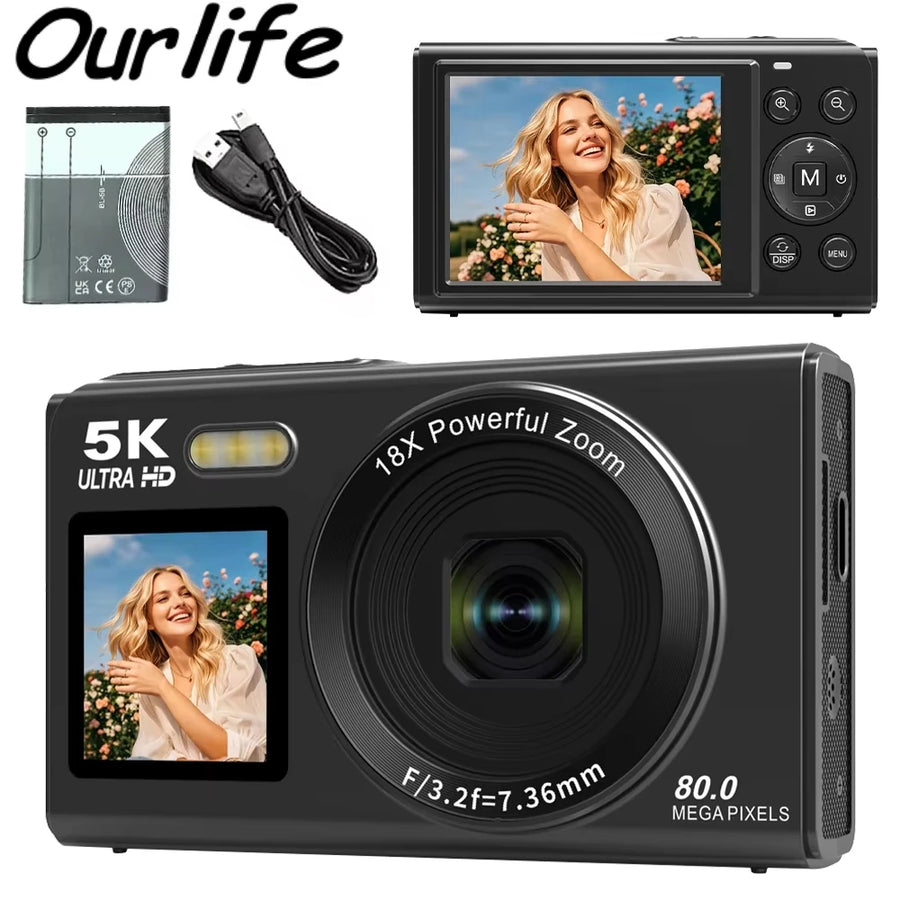 OurLife Digital Camera, 5K 80MP Vlog Camera with 18X Digital Zoom, Dual IPS Screen & WiFi