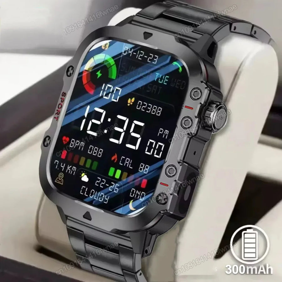 Rugged Smart Watch for Men, 2.01" HD Touchscreen with Bluetooth Calling, Voice Assistant & LED Flashlight