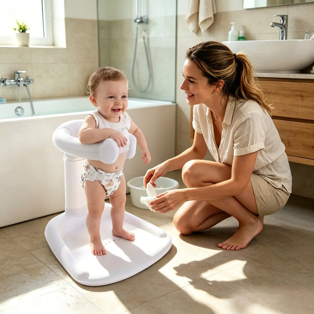 Baby Bath Stand, Adjustable Infant Bath Seat with Anti-Pinch Design, Non-Slip Base & Shower Head Holder, 6–36 Months