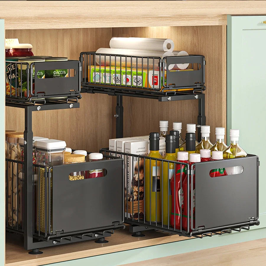 2-Tier Under Sink Organizer, Adjustable Pull-Out Storage Shelf for Kitchen & Bathroom Cabinets
