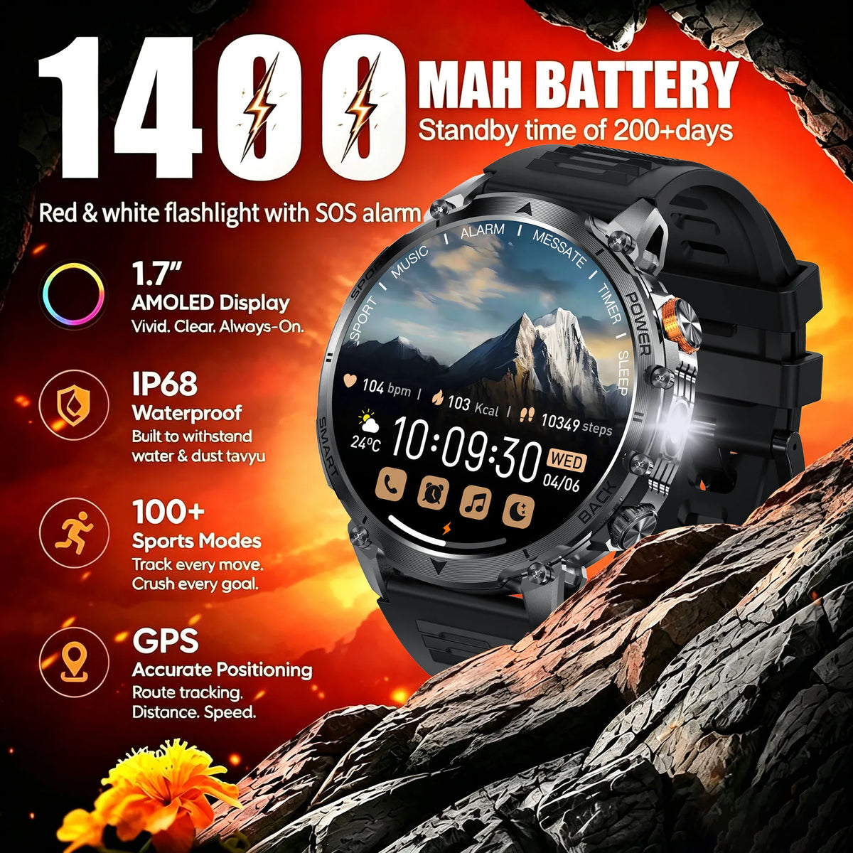 1400mAh Outdoor GPS Smart Watch, 1.7" AMOLED Display, Bluetooth Calling, IP68 Waterproof, 100+ Sports Modes & LED Flashlight