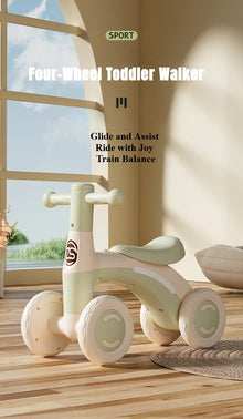 Baby Balance Bike for Toddlers, 4-Wheel Ride-On Walker with Silent Wheels, Anti-Tip Design, Balance Training Toy