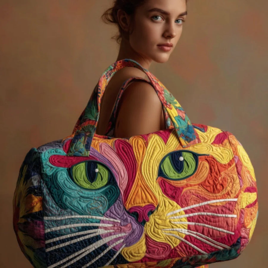 Quilted Cat Duffel Bag, Large Travel & Gym Bag with Adjustable Strap, Colorful 3D Design, Lightweight Sports Tote