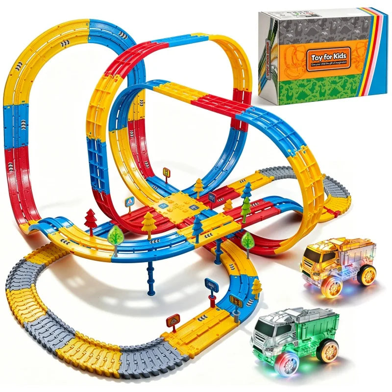 156PCS DIY Flexible Track Blocks Toy, Kids Building Track Set with Cars, Creative Construction & Educational Toy Gift