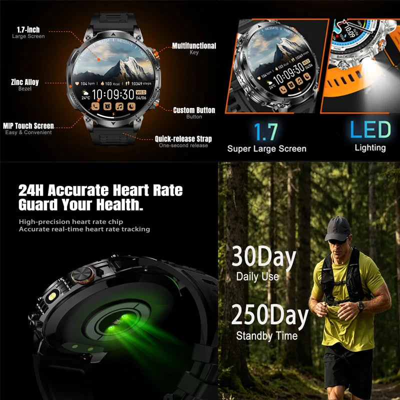 1400mAh Outdoor GPS Smart Watch, 1.7" AMOLED Display, Bluetooth Calling, IP68 Waterproof, 100+ Sports Modes & LED Flashlight