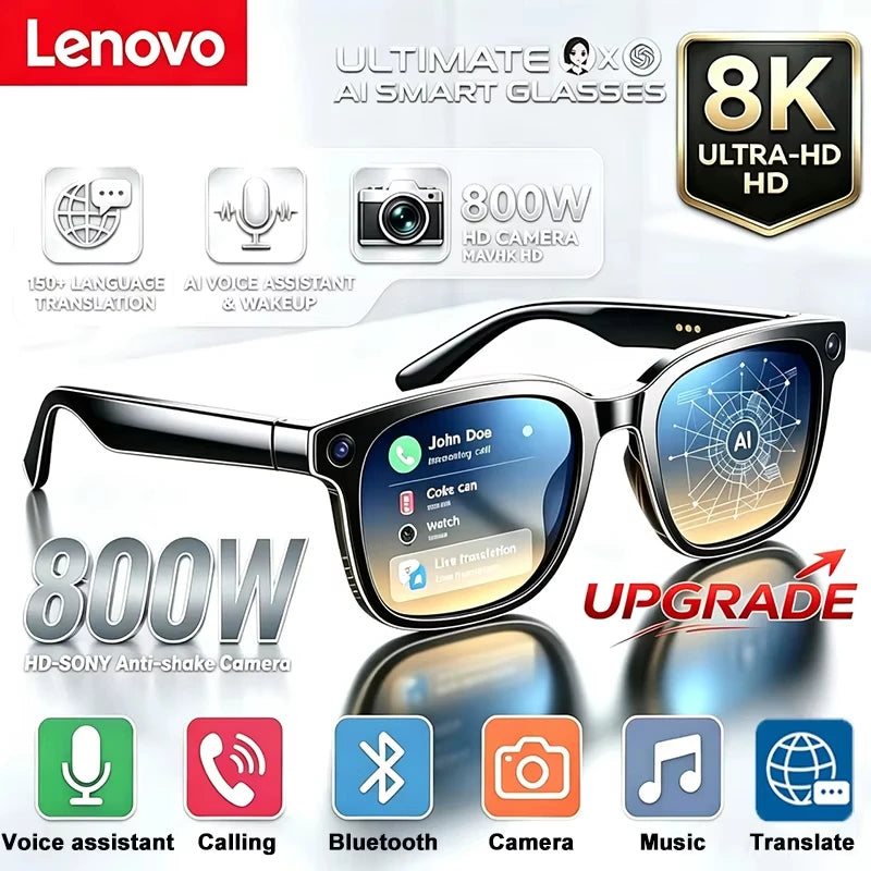 Lenovo AI Smart Glasses with 8MP Camera, Bluetooth Calling, Voice Translation & Music, Smart Sunglasses with 3 Lenses