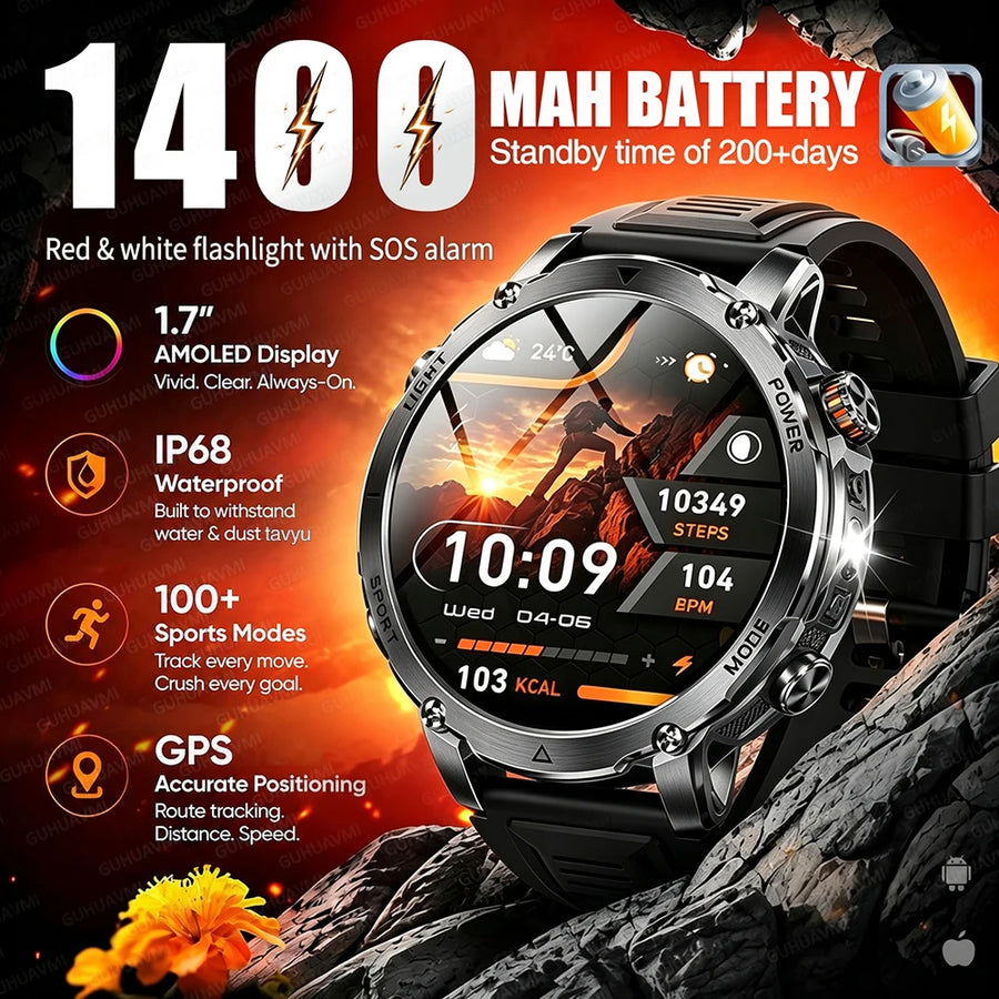 1400mAh Smart Watch for Men, Outdoor GPS Sports Watch with AMOLED Display, Bluetooth Calling, IP68 Waterproof & Flashlight