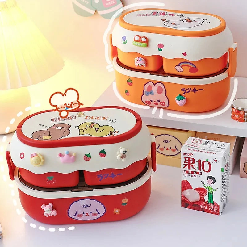 Kawaii Kids Bento Lunch Box, Cute Portable School Lunch Container with Compartments, Microwave Safe Food Storage Box