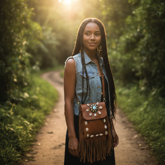 Boho Goat Leather Fringe Crossbody Bag with Shell Accents