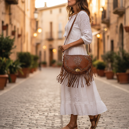 Boho Studded Goat Leather Fringe Crossbody Bag