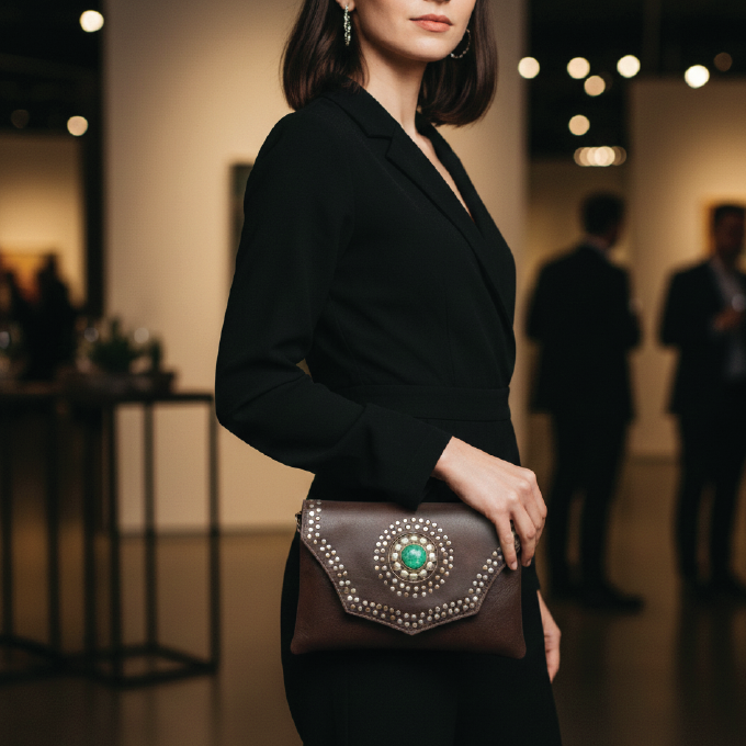 Studded Goat Leather Crossbody Clutch with Turquoise Accent