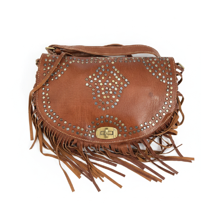 Boho Studded Goat Leather Fringe Crossbody Bag