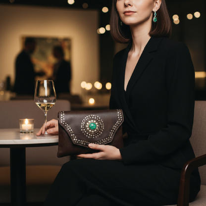 Studded Goat Leather Crossbody Clutch with Turquoise Accent